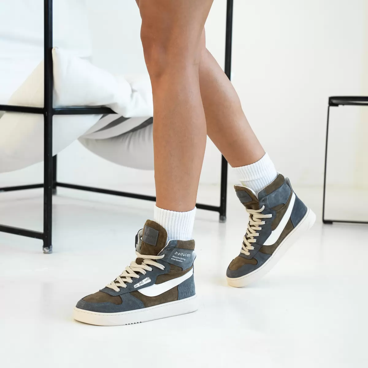 Women's high-top sneakers in nubuck and leather Alen-78-X, khaki, photo 3