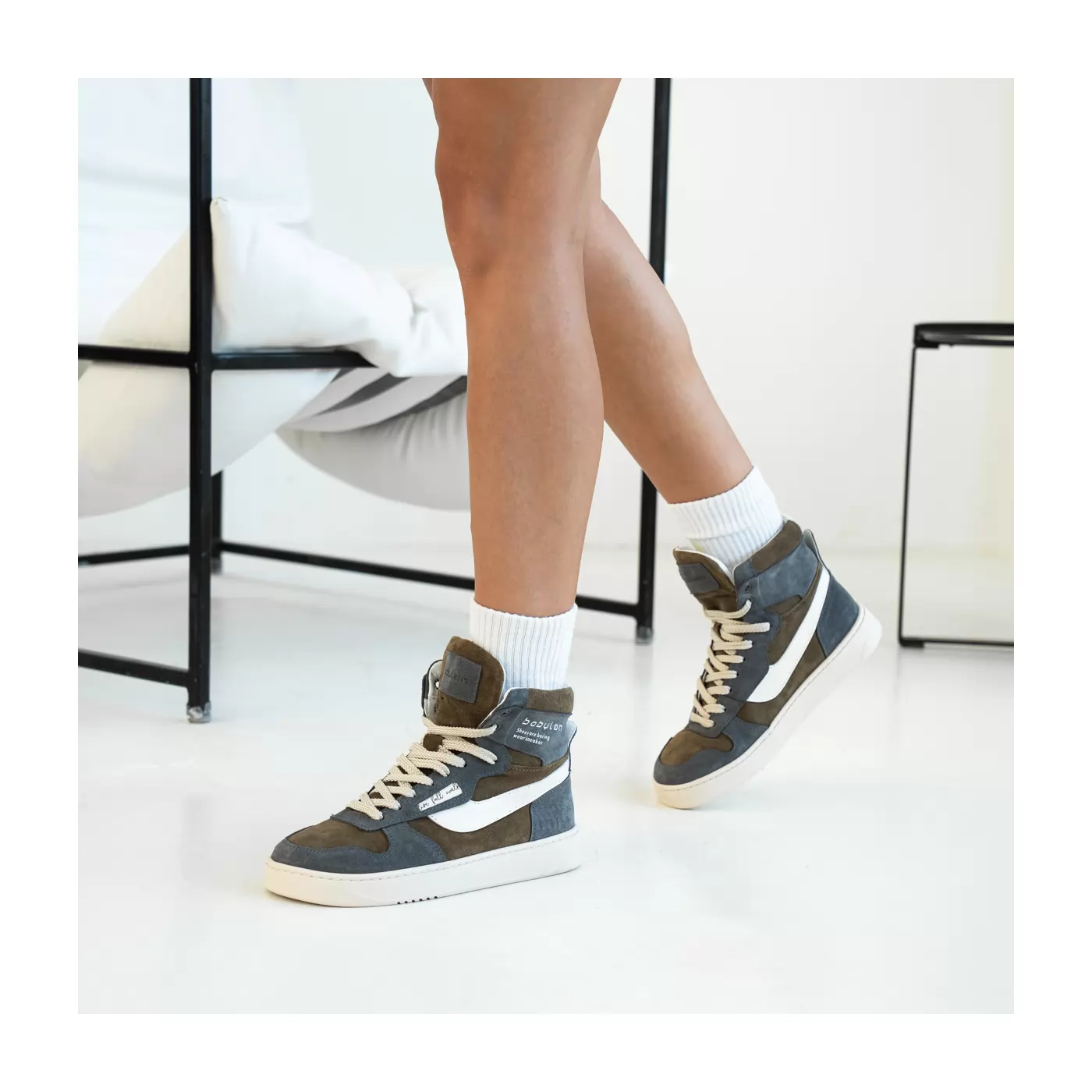 Women's high-top sneakers in nubuck and leather Alen-78-X, khaki, photo 3