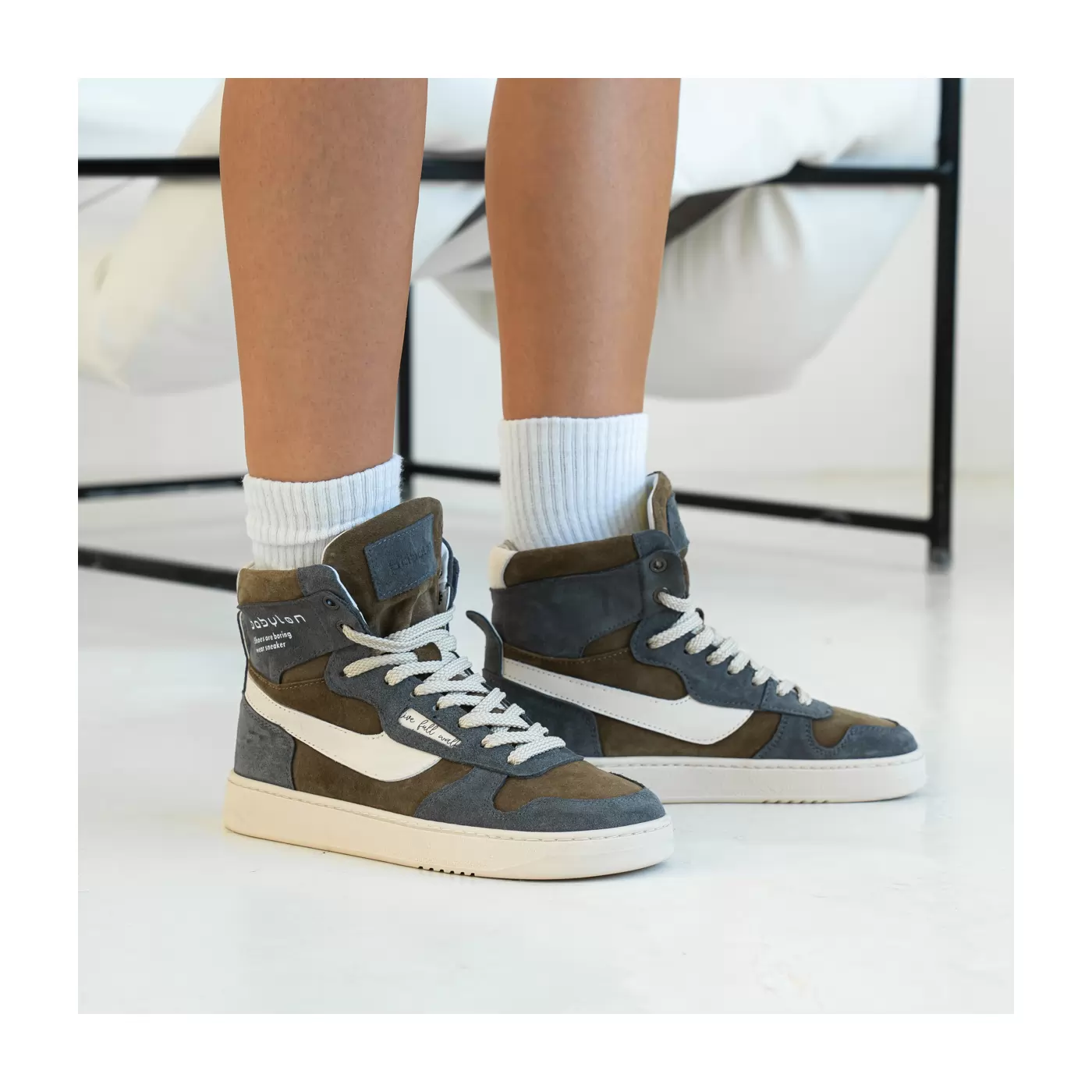 Women's high-top sneakers in nubuck and leather Alen-78-X, khaki, photo 4