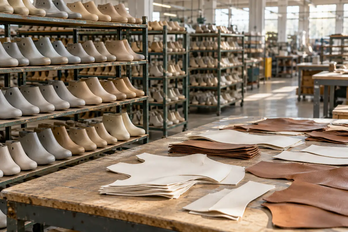 Rows of shoe lasts and cut leather parts on a factory floor