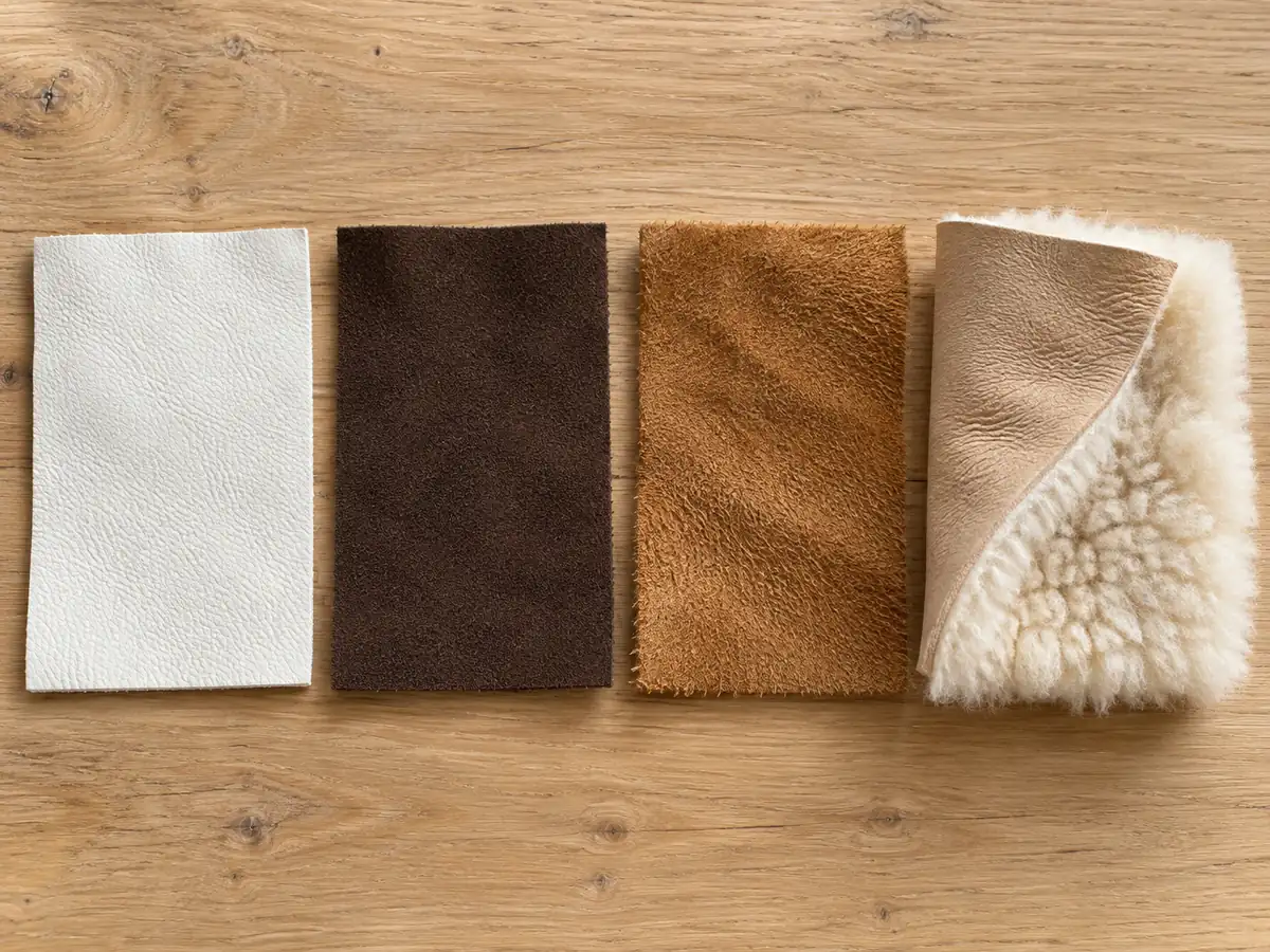 Smooth leather, nubuck, suede and sheepskin swatches on a wooden table