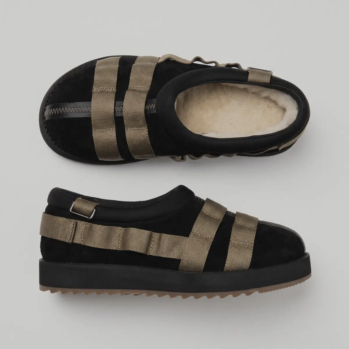 Men's black nubuck Punch-11 on white: one shown from above with pale fur inside, the other from the side with a ridged sole