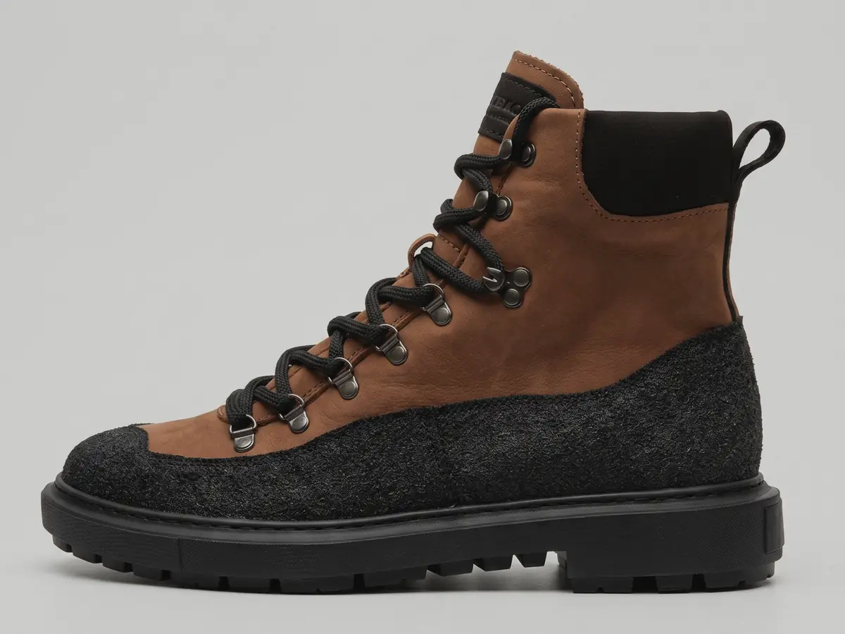 Babylon Armor-24 boot in profile: brown leather, dark coating around the base and a chunky black treaded sole