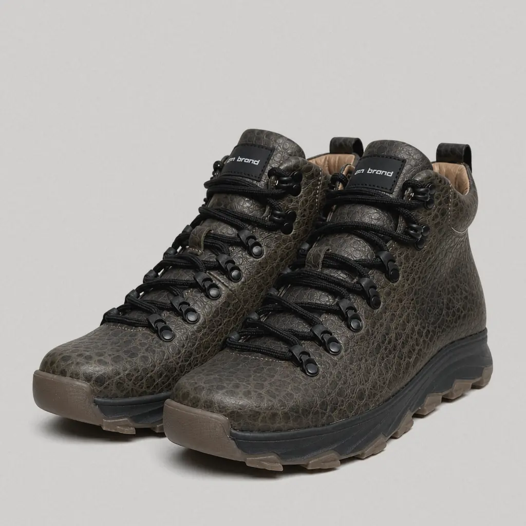 Pair of green textured leather Babylon Washington-48 boots with black laces on a white background