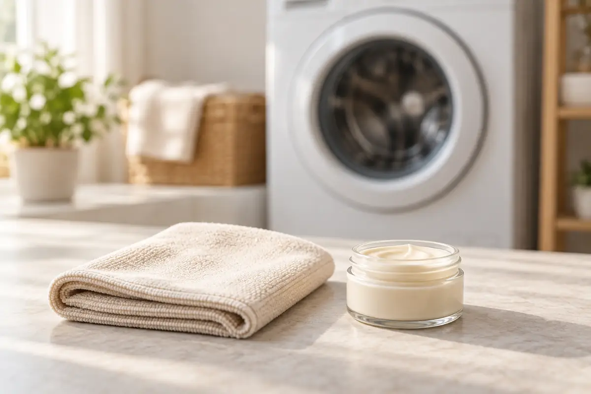 Folded microfibre cloth and a jar of leather cream with a blurred washing machine behind