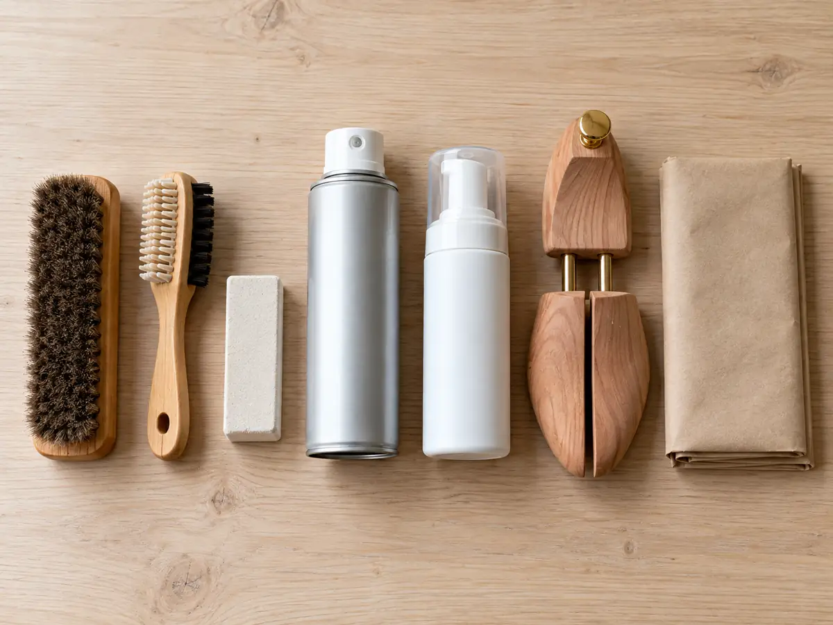 Nubuck and suede care kit: brushes, eraser, spray, foam, shoe trees and paper