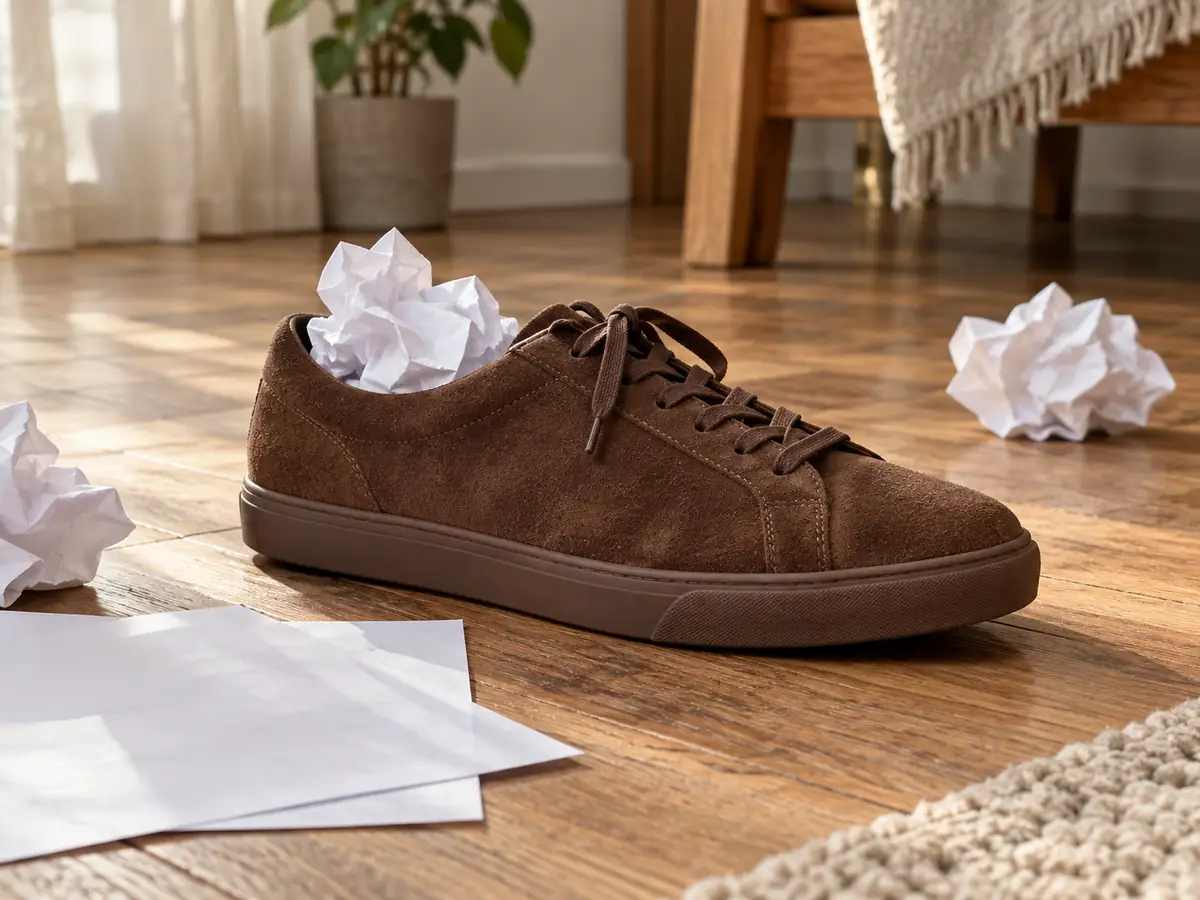 A suede sneaker stuffed with paper drying at room temperature