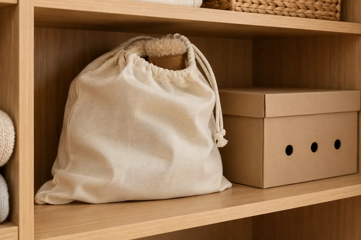A cotton shoe bag and a box with air holes on a wardrobe shelf
