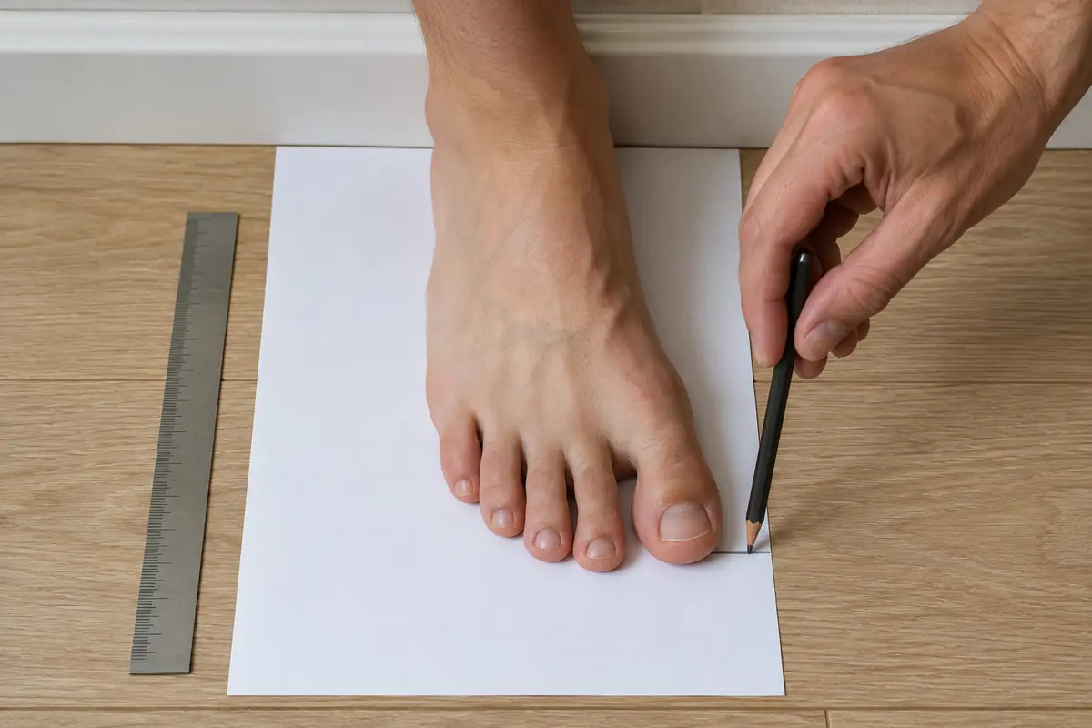 Illustration: a bare foot on a sheet of paper against a wall, a pencil held upright at the longest toe, a ruler alongside