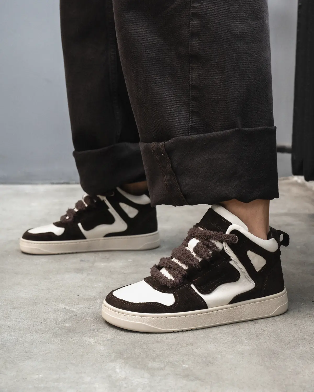 Women's high-top sneakers Space-74-X in dark brown nubuck and cream leather, worn with cuffed dark jeans