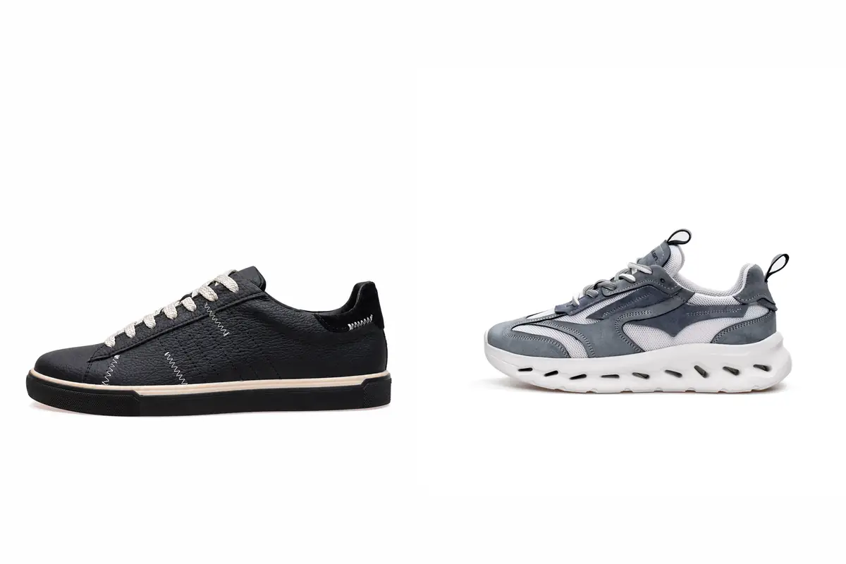 Babylon Vital-11 sneaker and Pulse-13 trainer from the side: flat sole vs cushioned sole