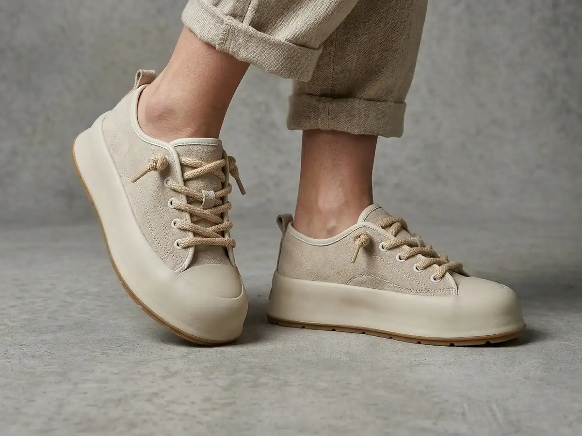 Beige Babylon Lovan-14 nubuck platform sneakers with linen trousers