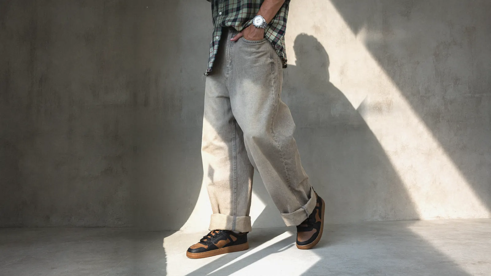 Wide light jeans with rolled hems and Babylon sneakers