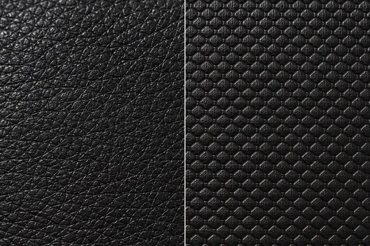 Natural pores of genuine leather next to the repeating embossed grain of synthetic leather