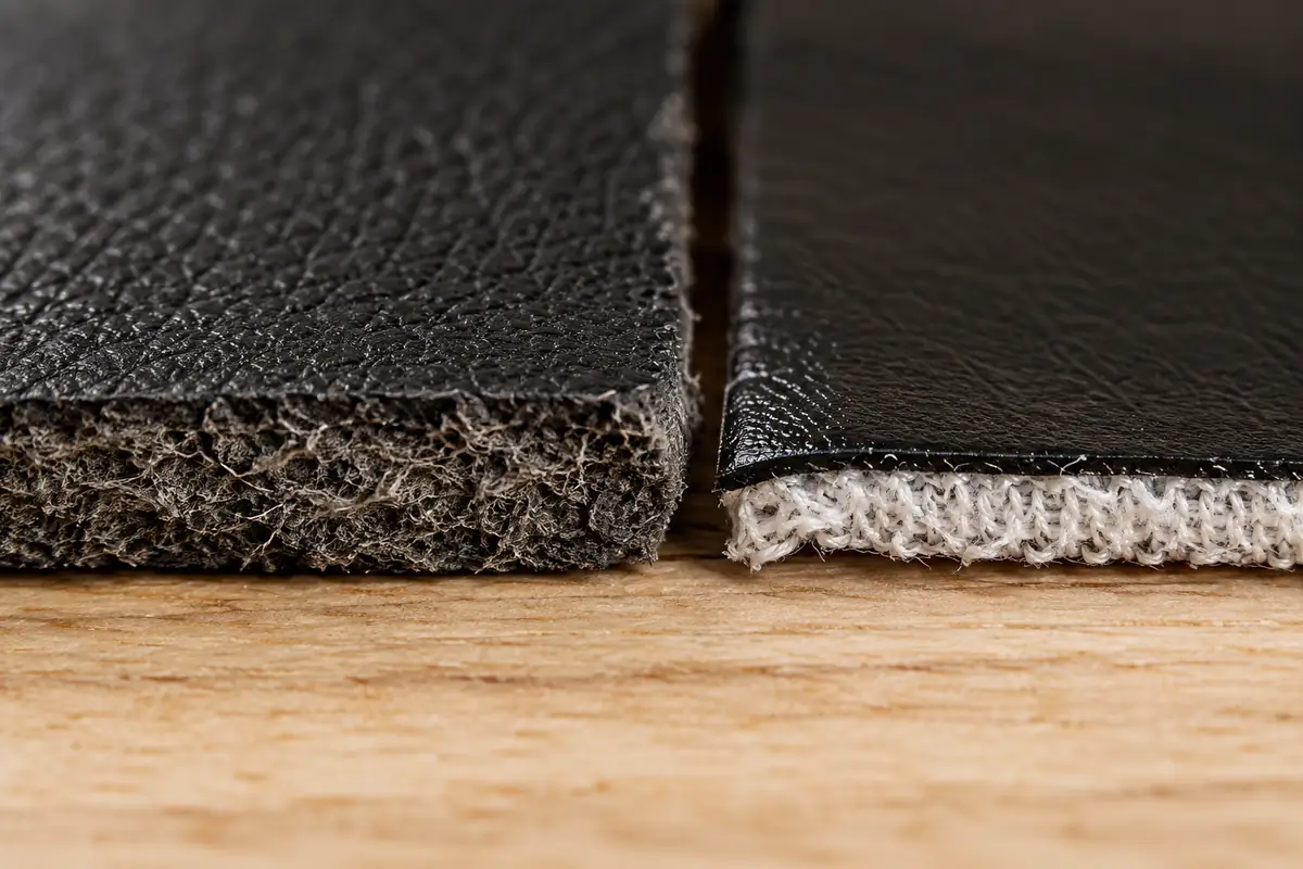 Cut edge of genuine leather next to synthetic leather on a fabric backing