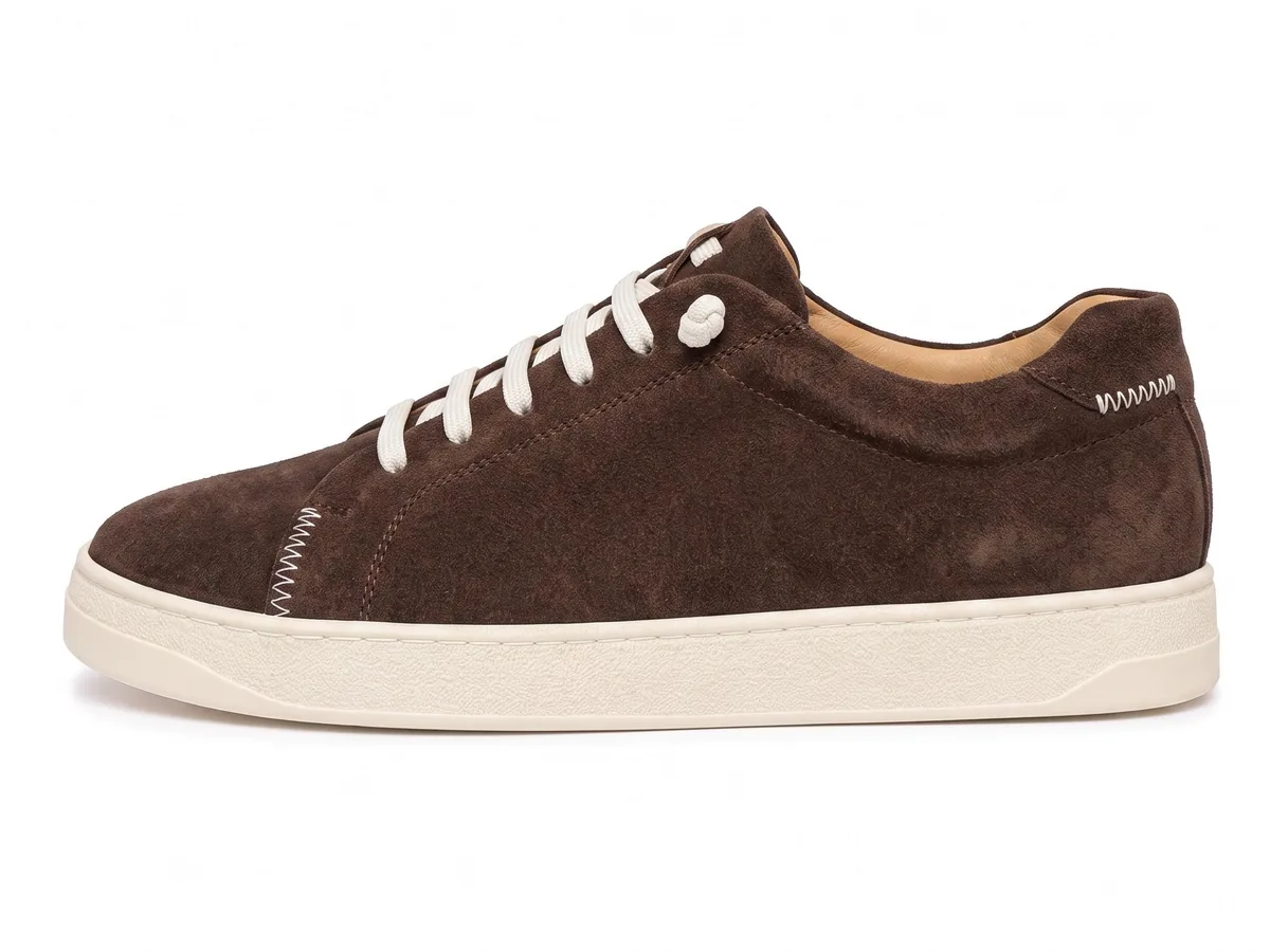 Babylon DRIFT-14 sneaker, side view: napped leather, white sole, zigzag stitching