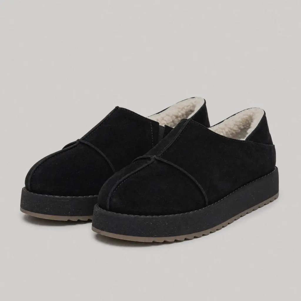 Black women's MARY-91 slip-ons in genuine nubuck with pale fur lining on a light sole, three-quarter front view