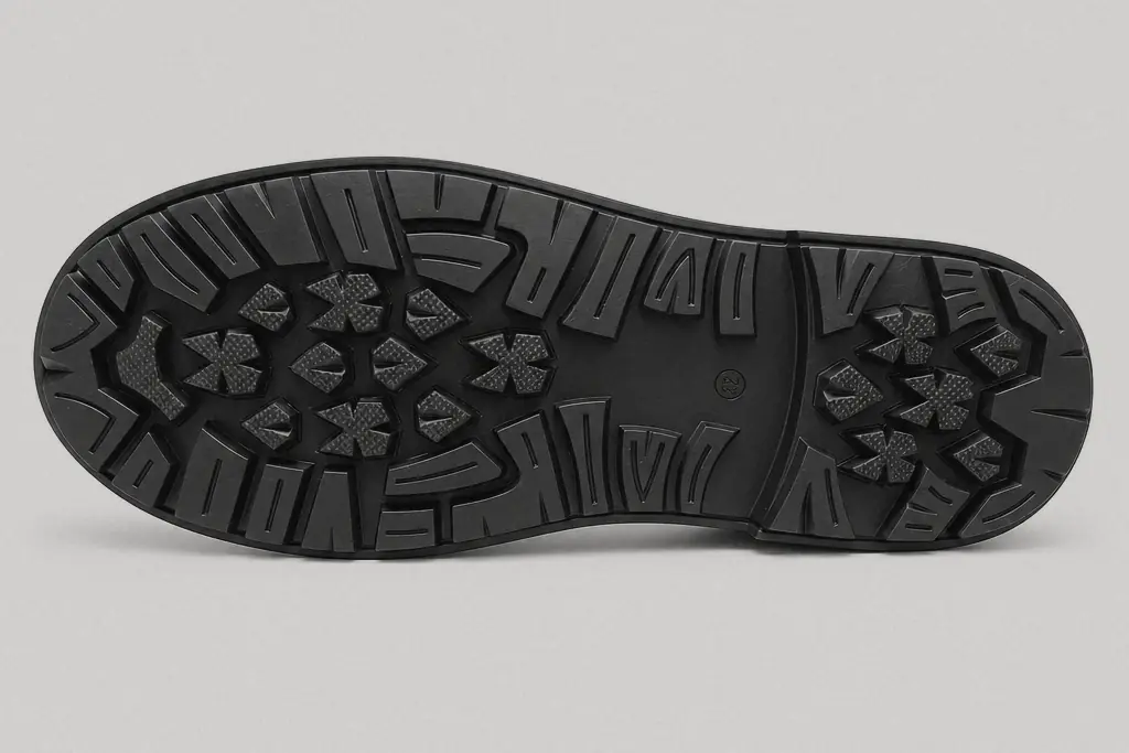 Underside of the men's Armor-11 boot: a black chunky sole with a deep tread and raised lugs across the whole length