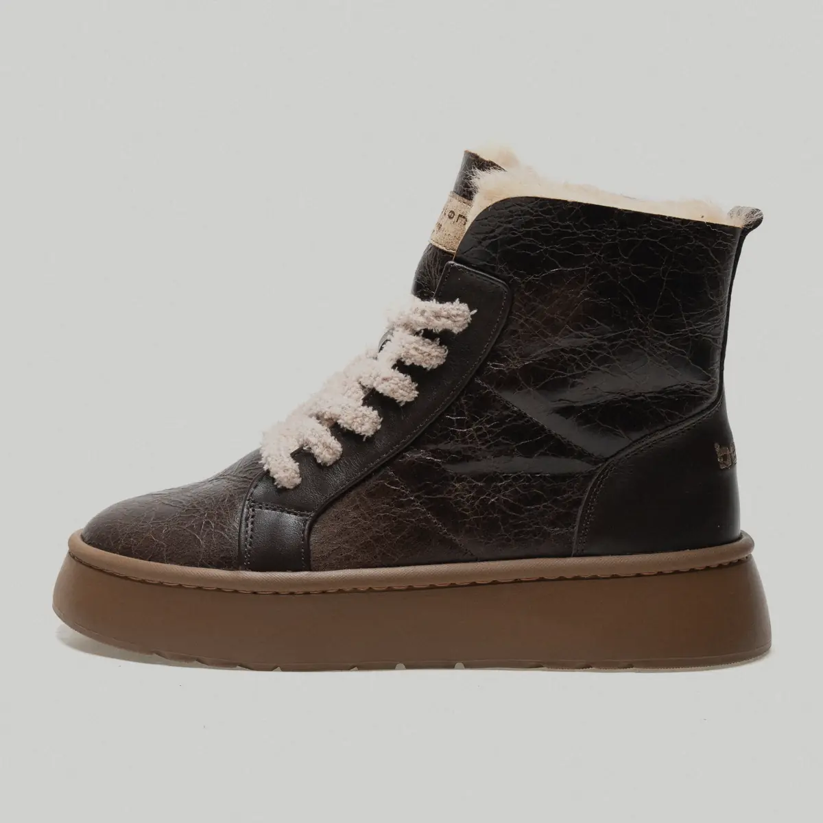 Babylon Frost-74 women's dark brown leather lace-up sheepskin boots, side view