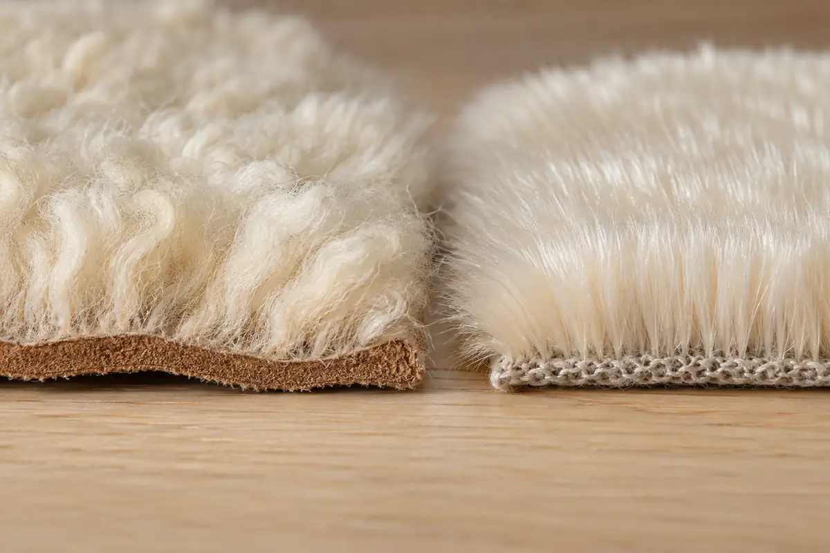 Cut edge of double-face sheepskin next to faux fur on a fabric backing