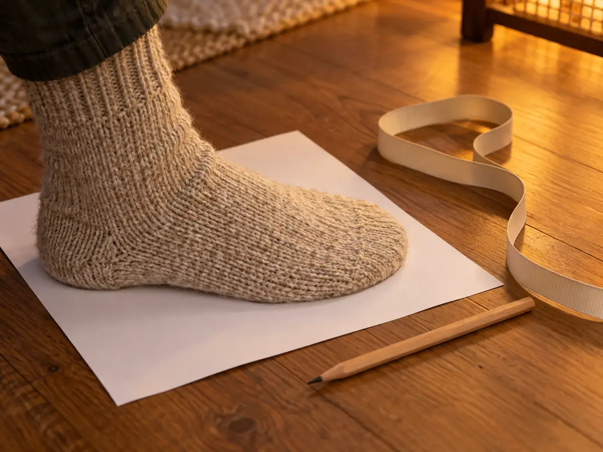 A foot in a thick wool sock on a sheet of paper before measuring