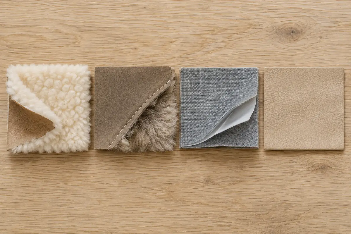 Winter footwear insulation samples: sheepskin, fur, membrane and leather lining