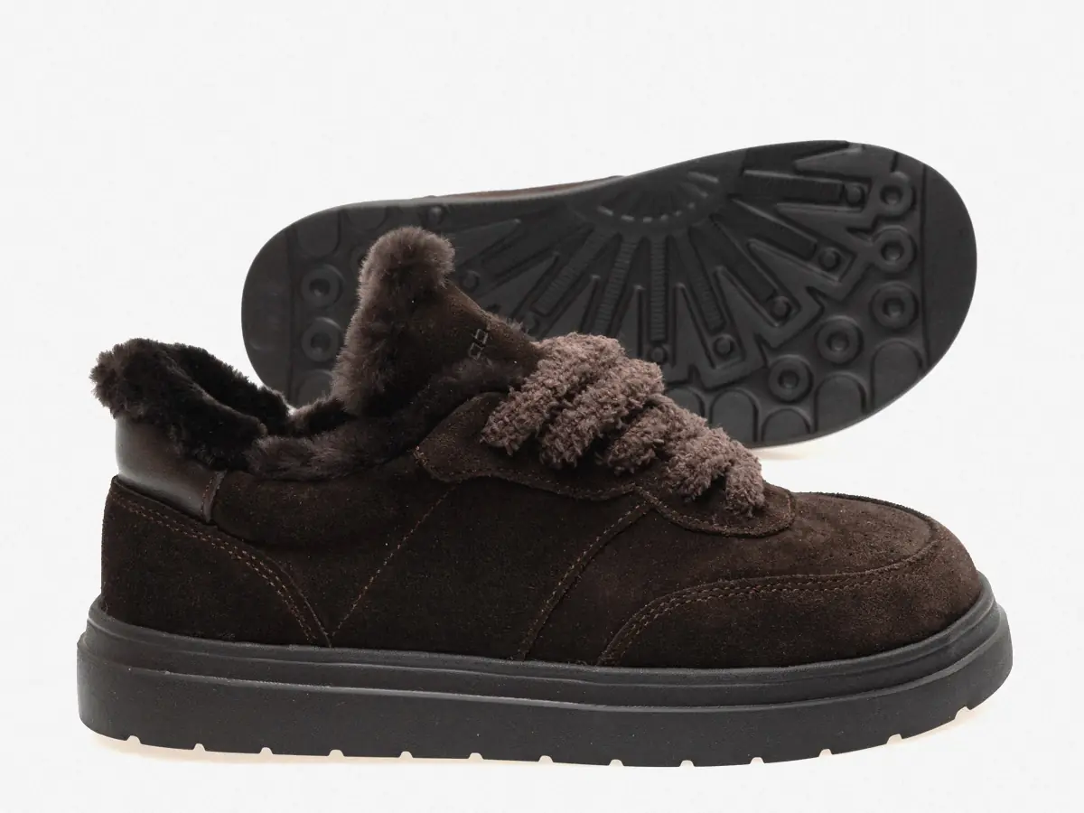 Babylon Mellow-24 women's brown nubuck fur-lined sneakers: one shown from the side, the other showing the sole tread